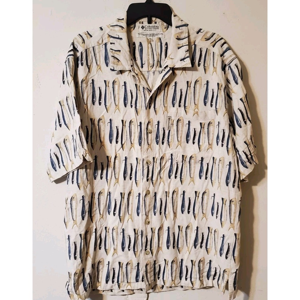 Columbia Men's Shirt Large Beige Fish Theme Short Sleeve Button Up Pocket